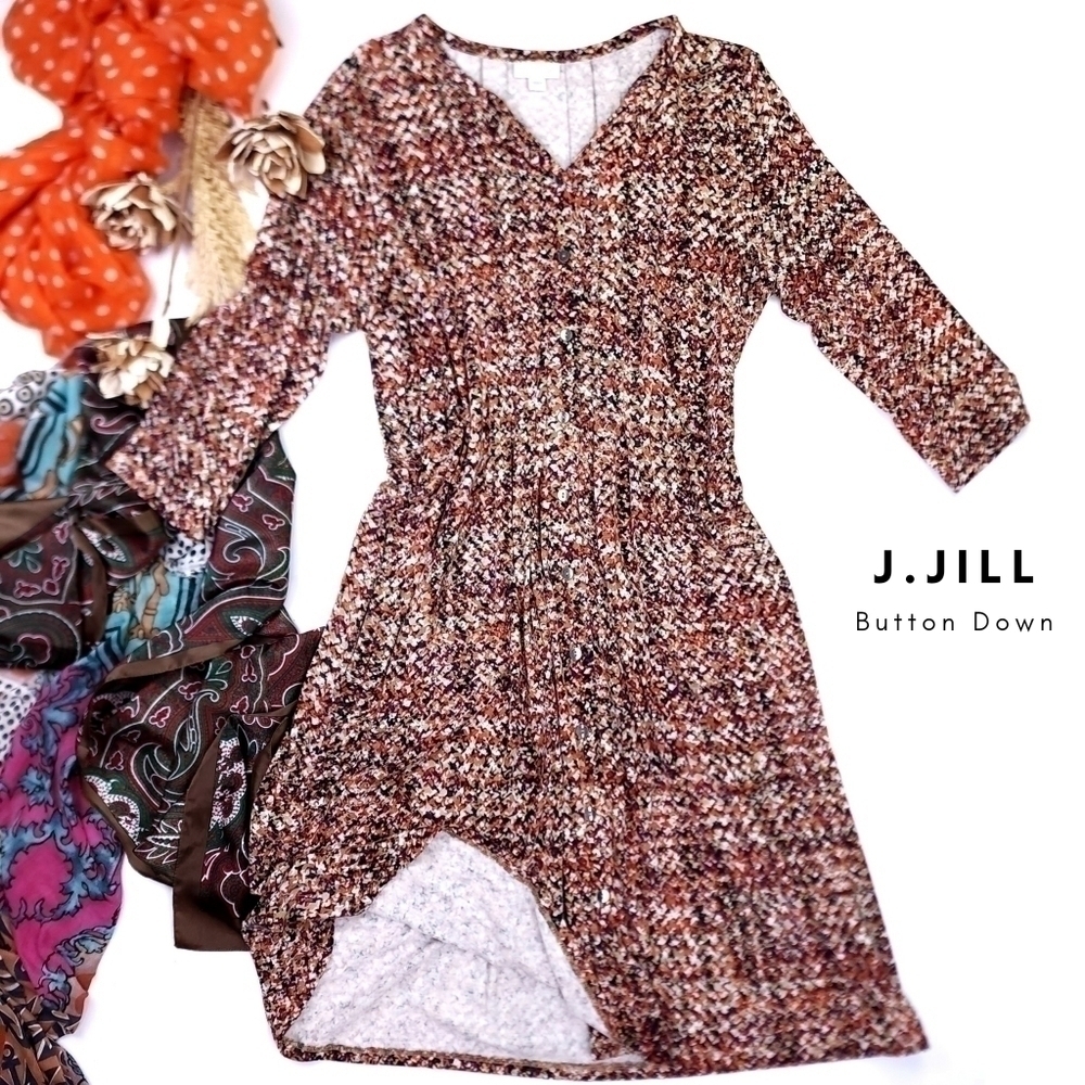 J.jill Brown Red Button Down Floral Super Soft Rayon Dress Sz S